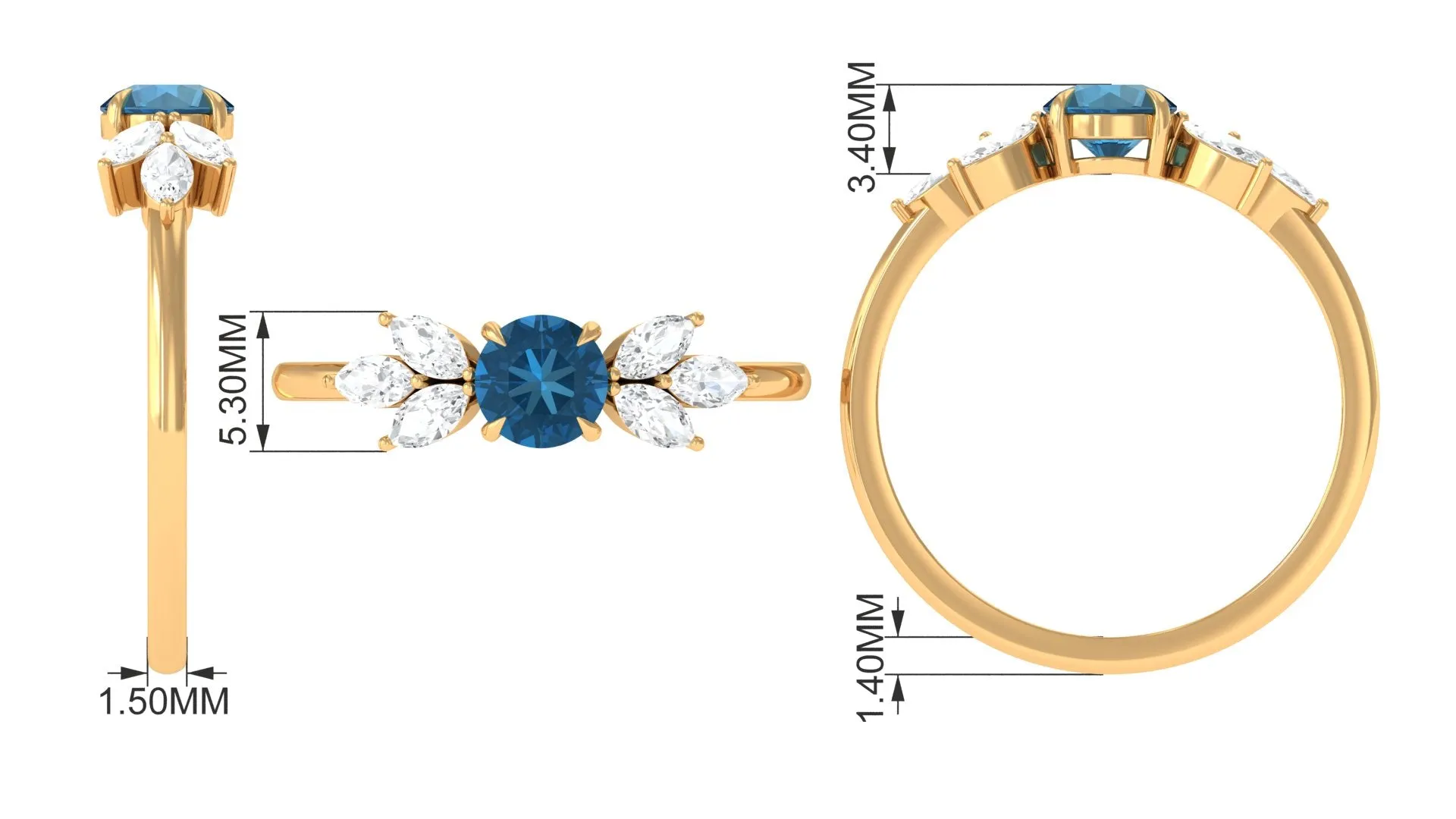 1 CT Nature Inspired London Blue Topaz Ring with Diamond Trio