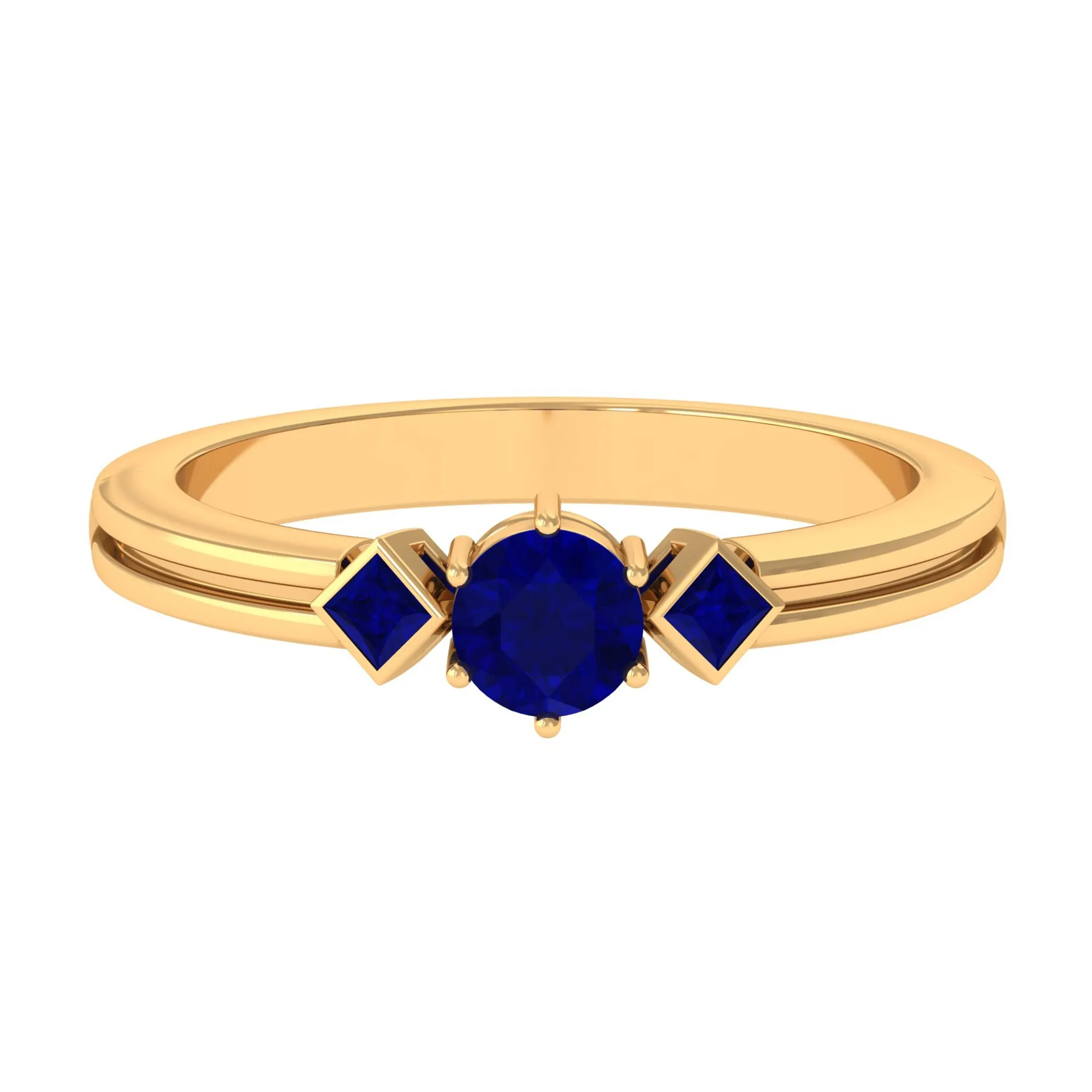 1/2 CT Minimal Princess and Round Cut Blue Sapphire Three Stone Ring