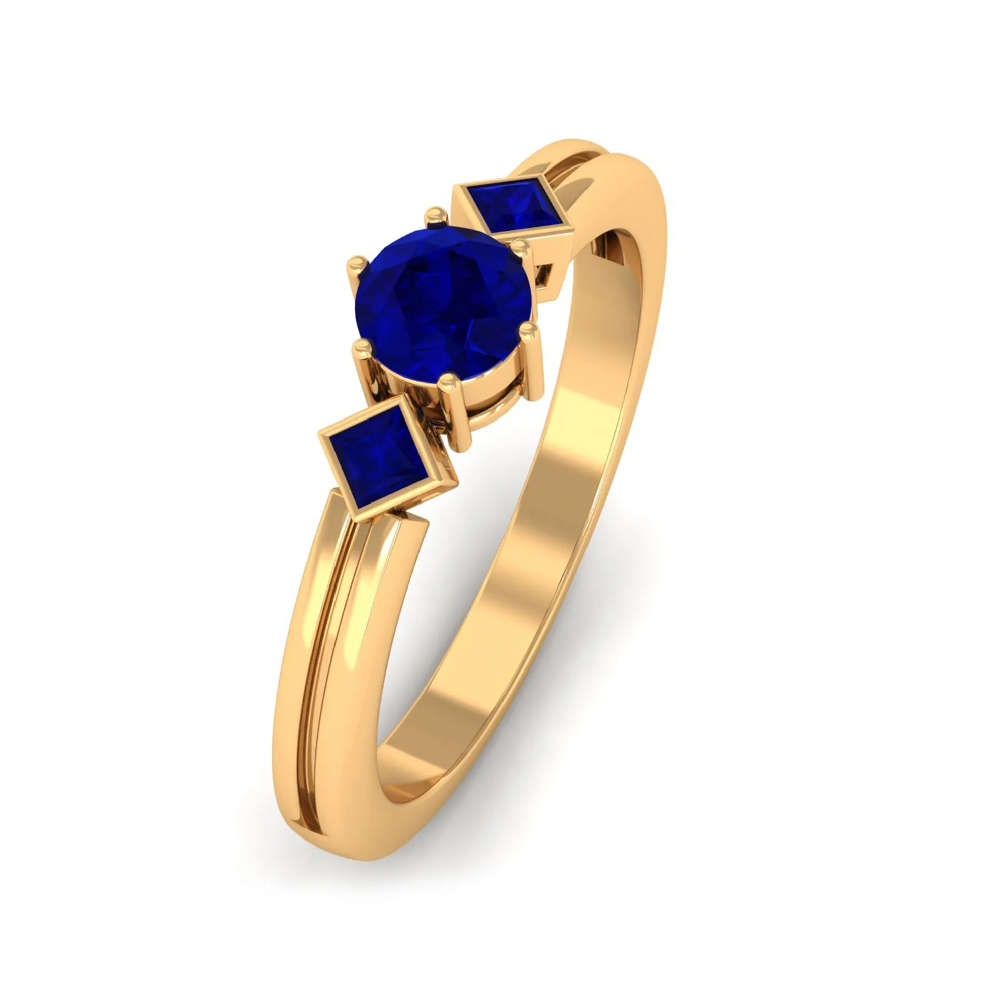 1/2 CT Minimal Princess and Round Cut Blue Sapphire Three Stone Ring