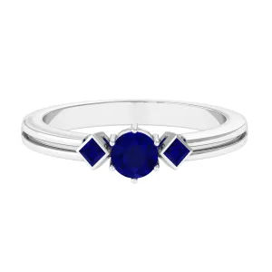 1/2 CT Minimal Princess and Round Cut Blue Sapphire Three Stone Ring