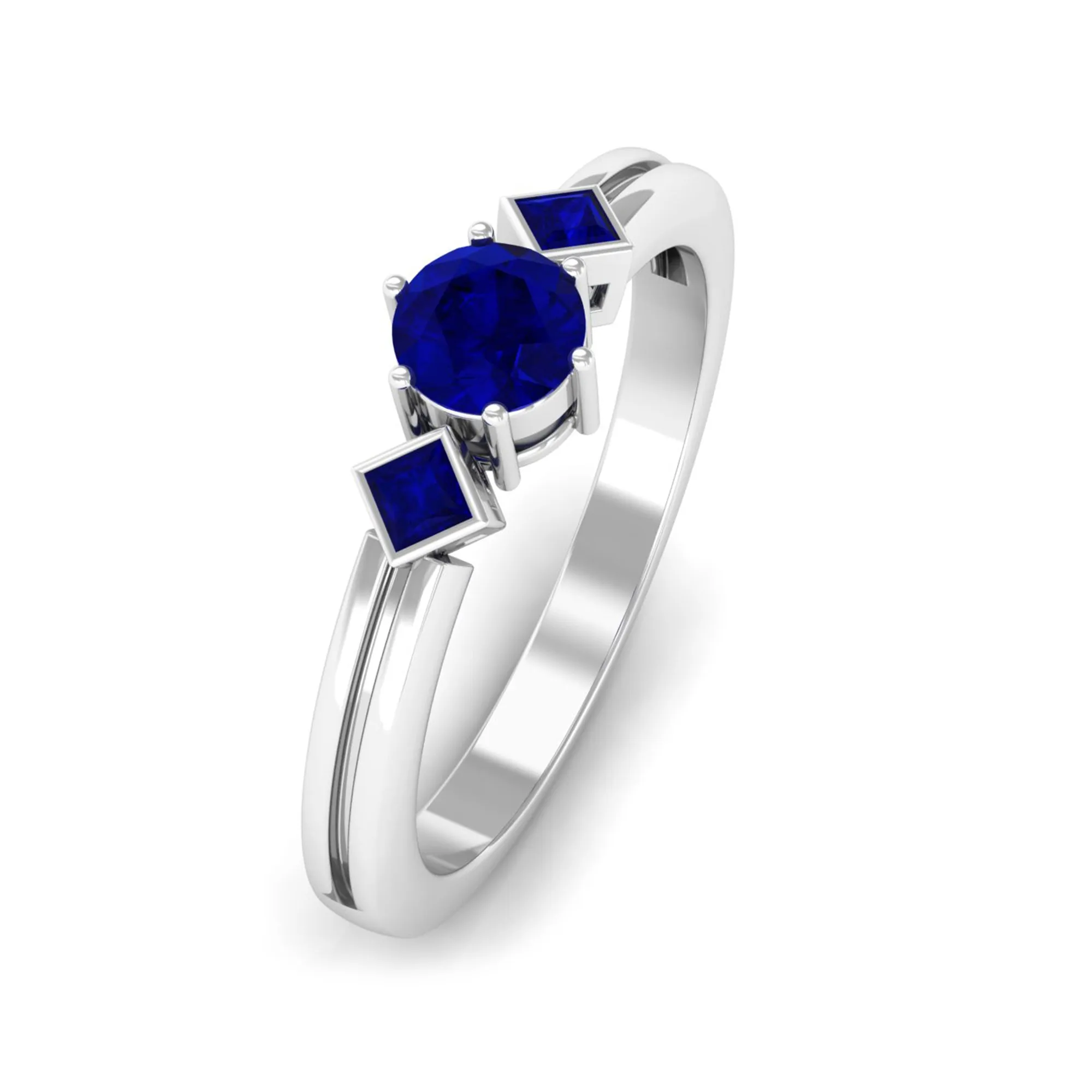 1/2 CT Minimal Princess and Round Cut Blue Sapphire Three Stone Ring