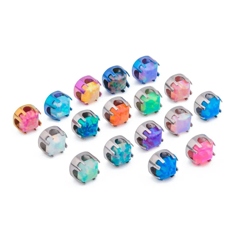 14g–12g Internally Threaded Titanium Corner Prong-Set Square Opal Top — 5mm — Price Per 1