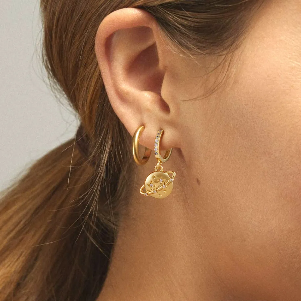 14K Gold Dangle Drop Hoop Earrings for Women Girls- Planet