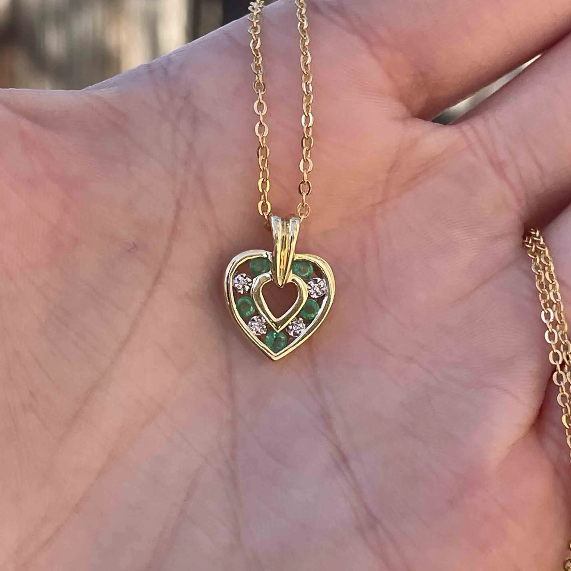 14K Gold Emerald Diamond Open Heart Pendant Necklace