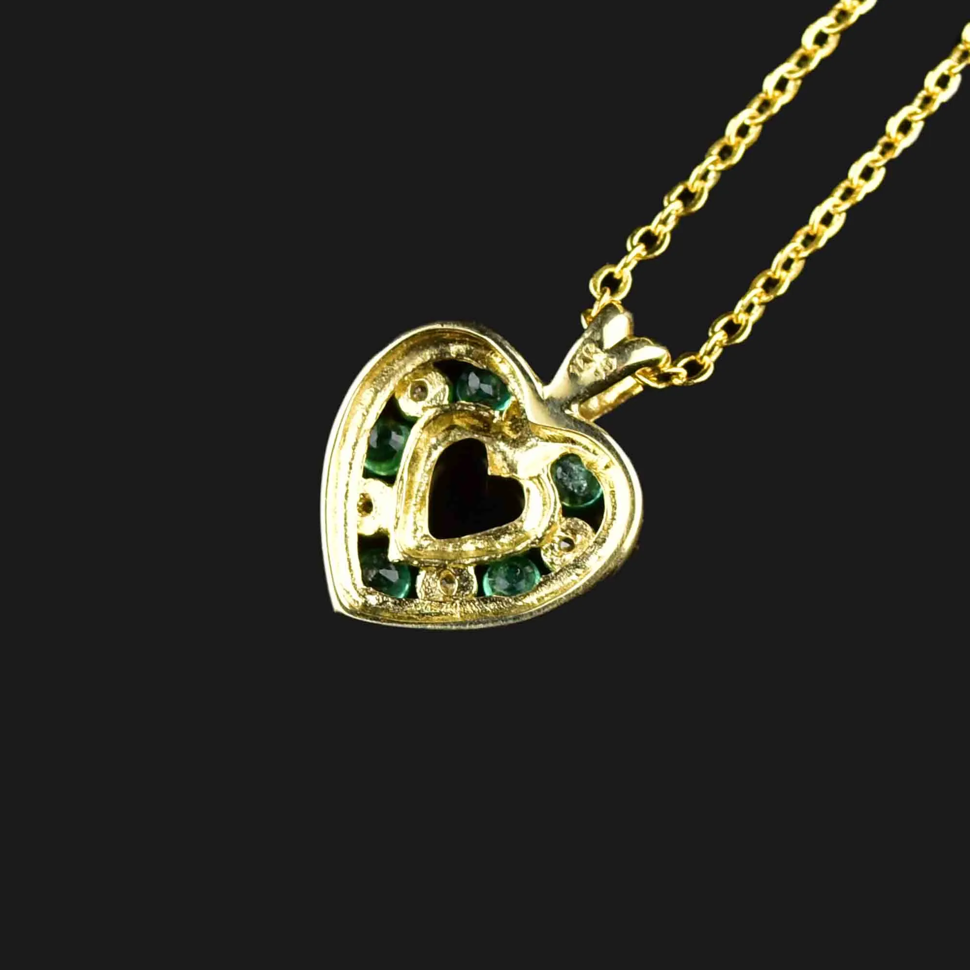 14K Gold Emerald Diamond Open Heart Pendant Necklace