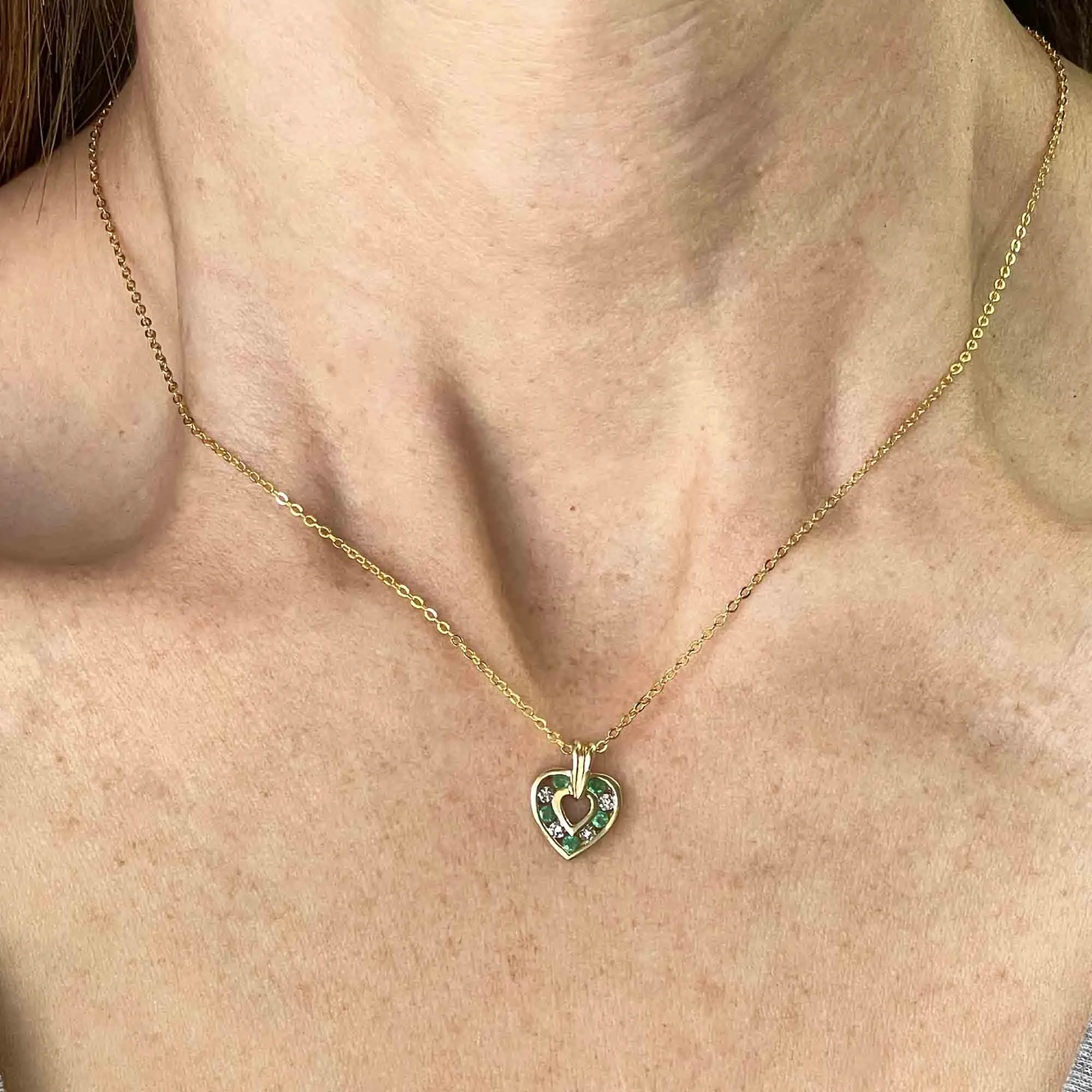 14K Gold Emerald Diamond Open Heart Pendant Necklace