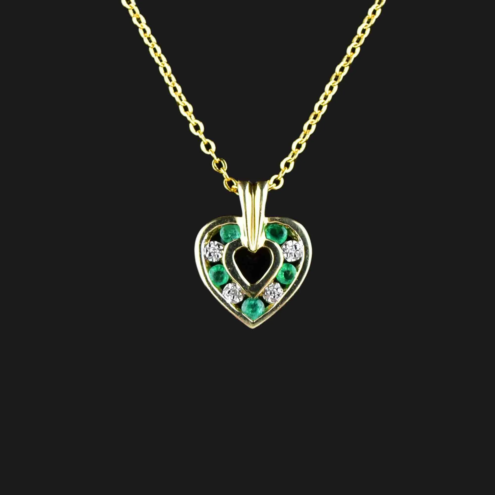 14K Gold Emerald Diamond Open Heart Pendant Necklace