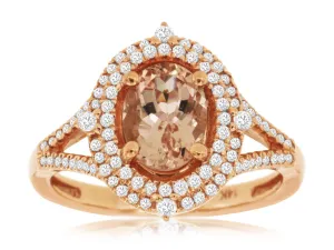 14K Rose Gold Morganite and Diamond Double Halo Ring