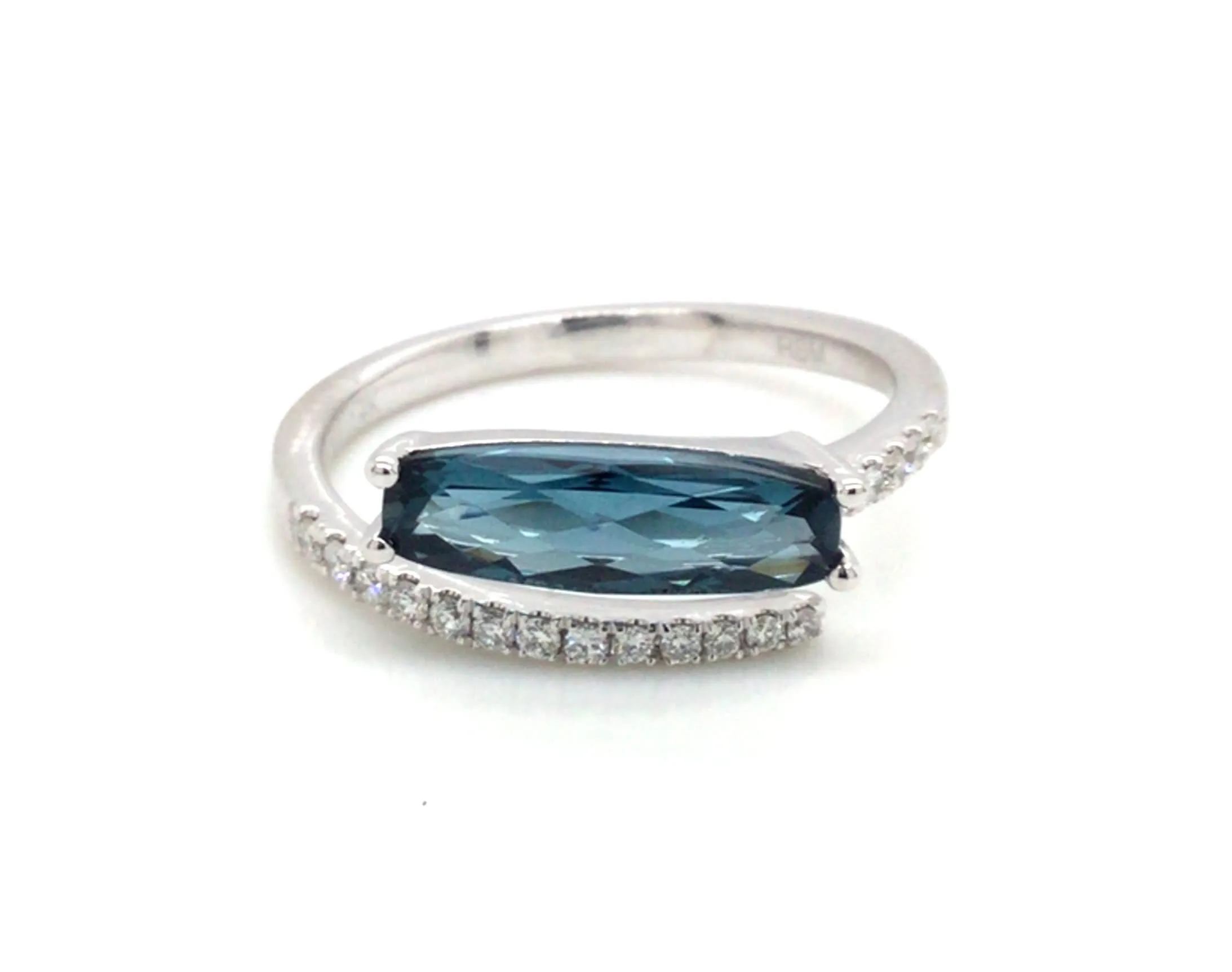 14K White Contemporary London Blue Topaz and Natural Diamond Ring Size 6.5