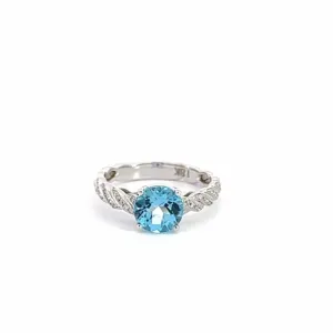 14k White Gold Natural Blue Topaz Ring with Diamonds