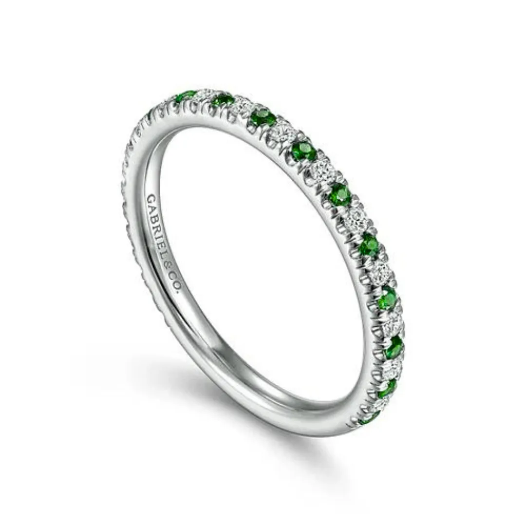 14K White Gold Thin Stackable Emerald and Diamond Ring