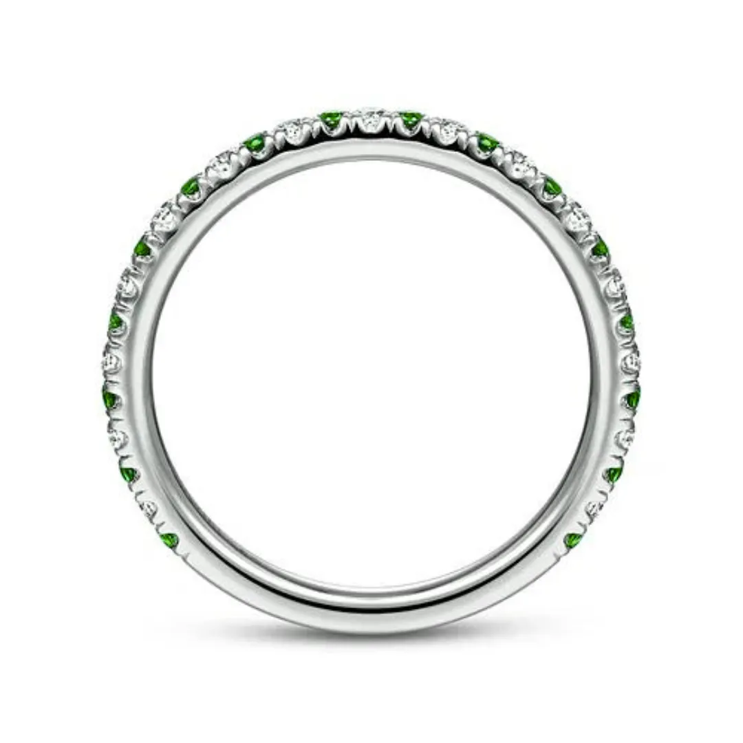 14K White Gold Thin Stackable Emerald and Diamond Ring