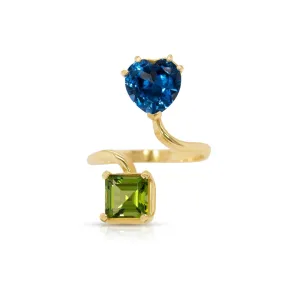 14K Yellow Gold Blue Topaz Heart and Peridot Princess Cut Gemstones Adjustable Ring