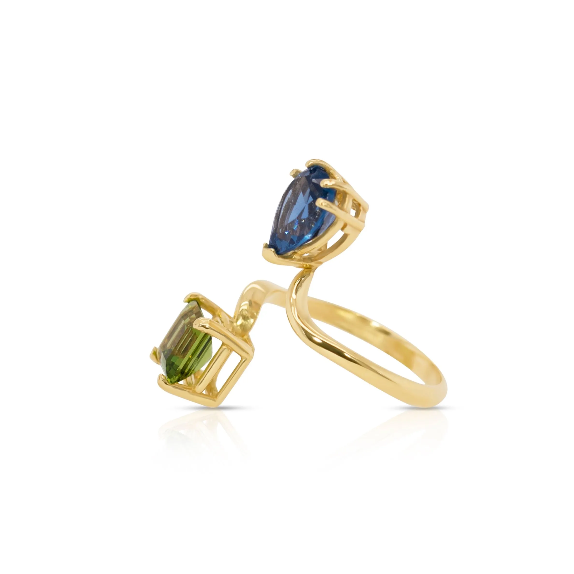 14K Yellow Gold Blue Topaz Heart and Peridot Princess Cut Gemstones Adjustable Ring