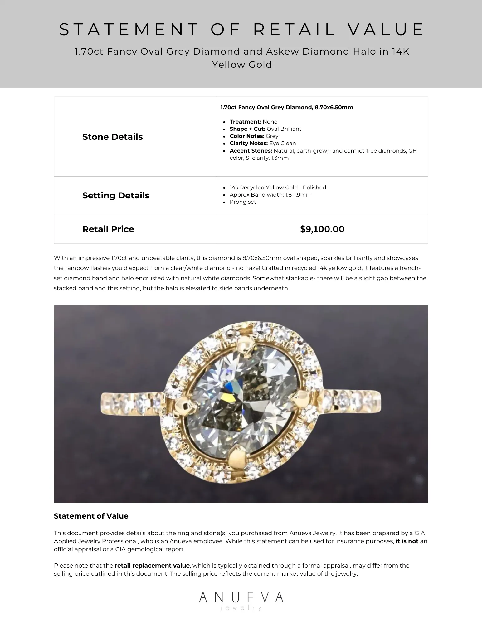 1.70ct Fancy Oval Grey Diamond and Askew Diamond Halo in 14K Yellow Gold