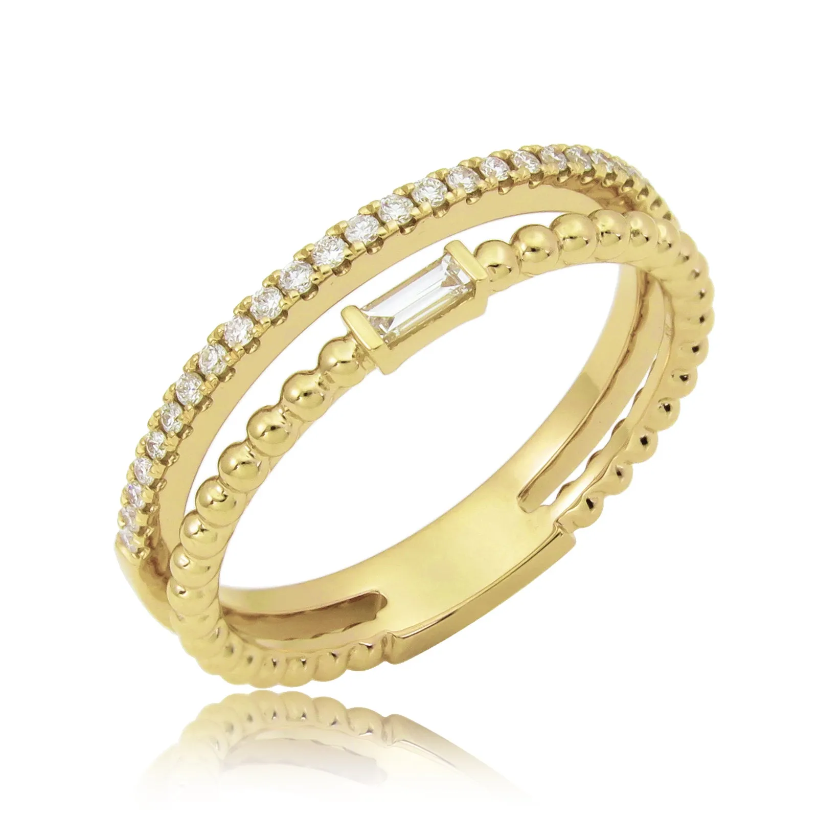 18k Gold & Baguette Diamond Beaded Double Row Ring - 0.16ct