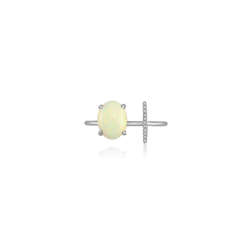 18k Gold Opal Open Diamond Ring With Vertical Line Shape