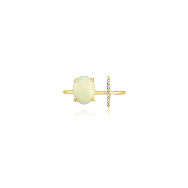 18k Gold Opal Open Diamond Ring With Vertical Line Shape