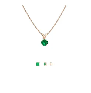 18K Rose Gold 2ct Emerald Round 18 Inch Necklace and Square Earrings Set Plated