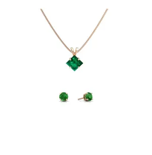 18K Rose Gold 3ct Emerald Princess Cut 18 Inch Necklace and Round Earrings Set Plated