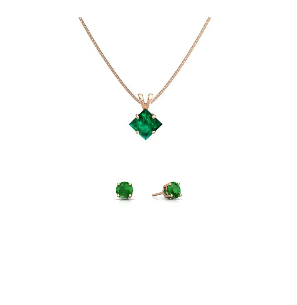 18K Rose Gold 3ct Emerald Princess Cut 18 Inch Necklace and Round Earrings Set Plated