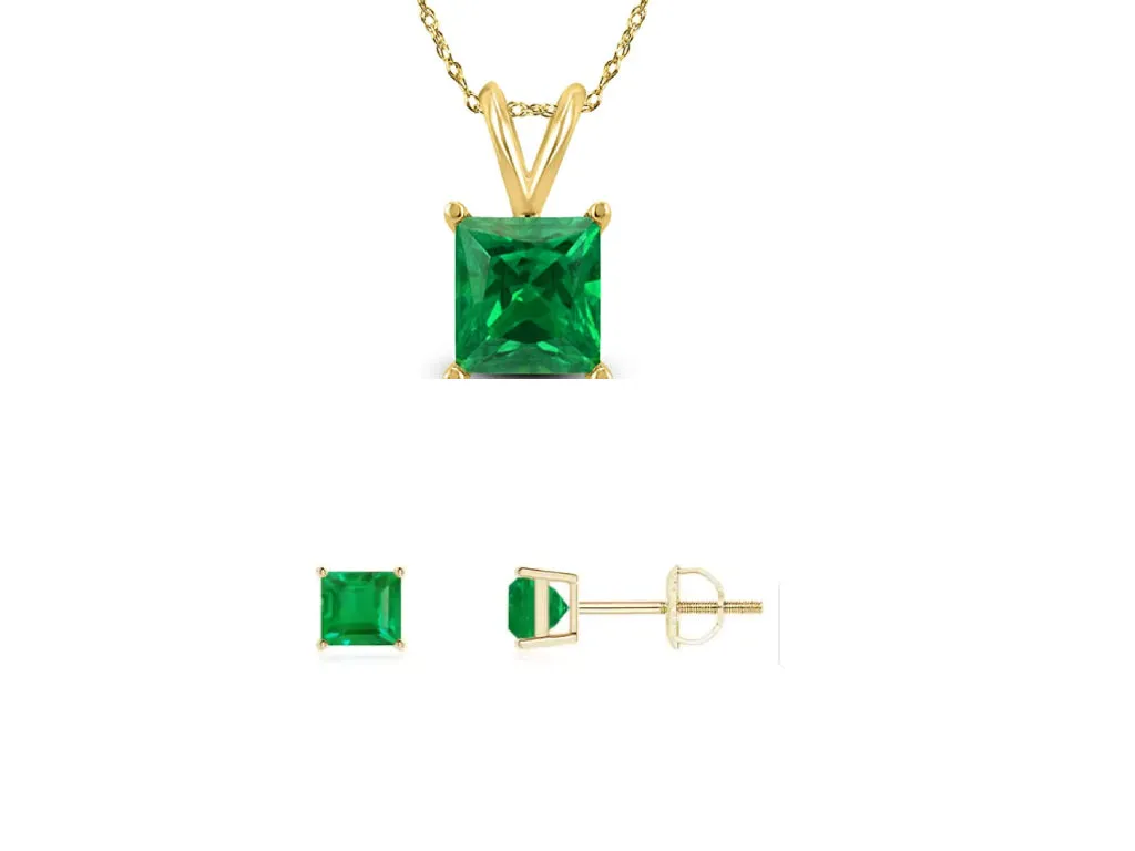 18K Yellow Gold 2ct Emerald Square 18 Inch Necklace and Earrings Set Plated