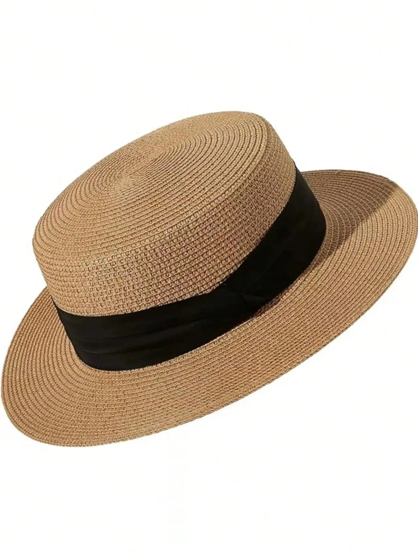 1pc Ladies Flat Top Hat With Three-Fold Belt, Fashionable Straw Hat, Beach Hat