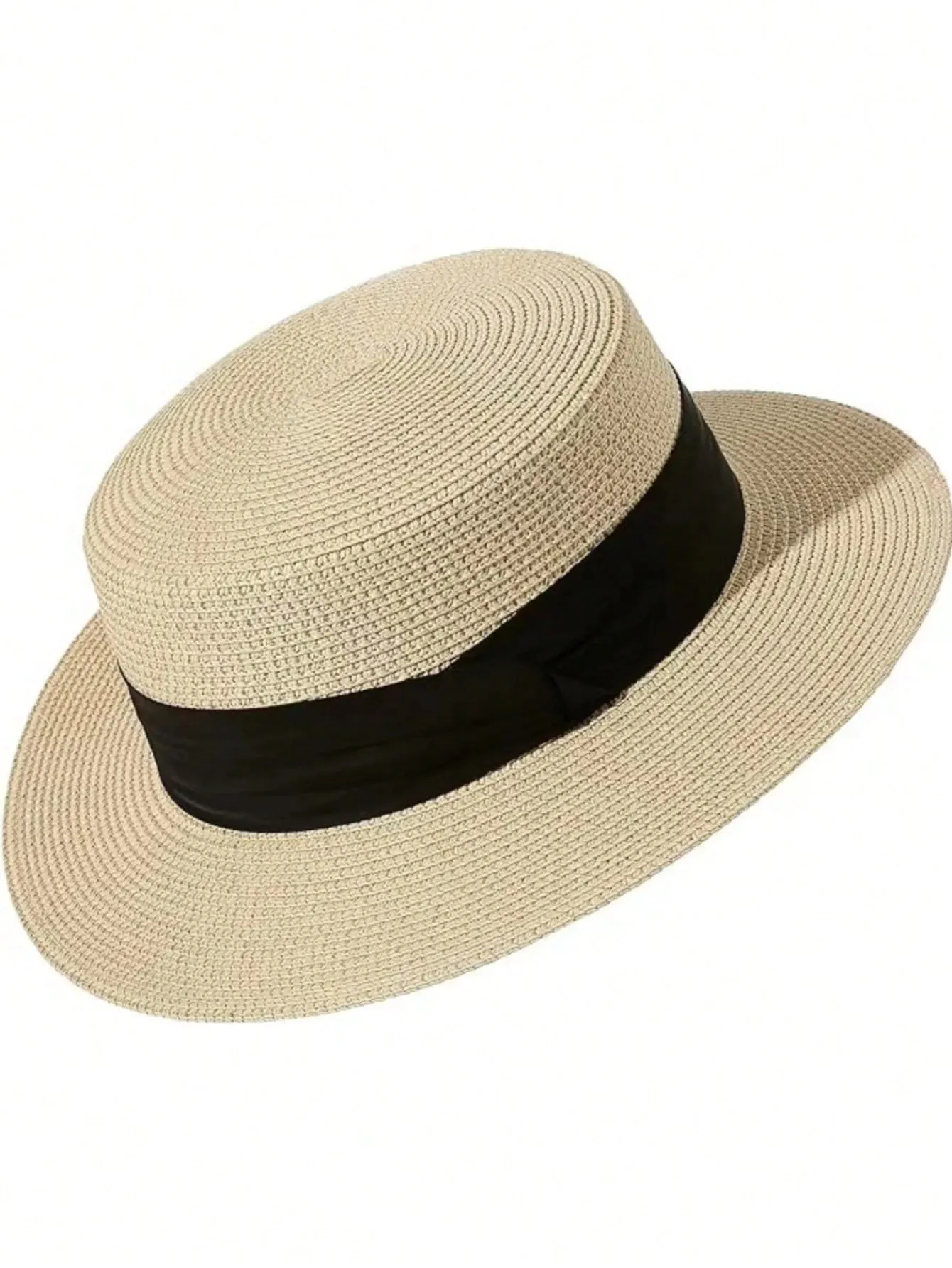 1pc Ladies Flat Top Hat With Three-Fold Belt, Fashionable Straw Hat, Beach Hat