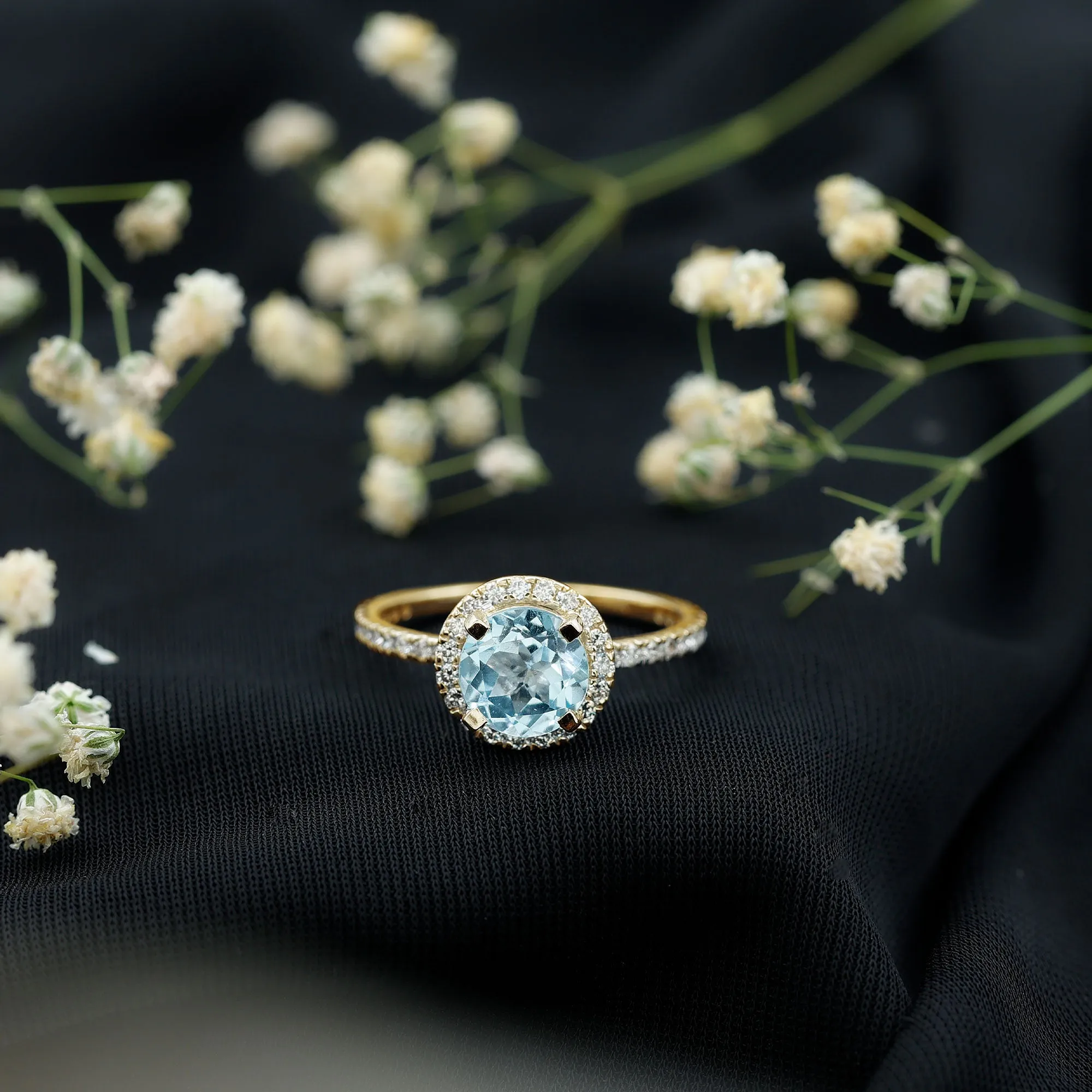 3.25 CT Round Sky Blue Topaz Classic Engagement Ring with Diamond Halo