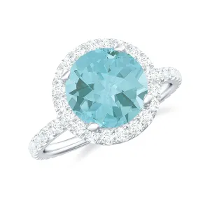 3.25 CT Round Sky Blue Topaz Classic Engagement Ring with Diamond Halo