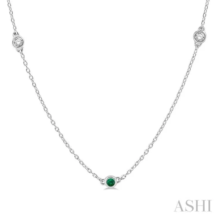 3/8 ctw Round Cut Diamond and 2.6MM Emerald Precious Station Necklace in 14K White Gold