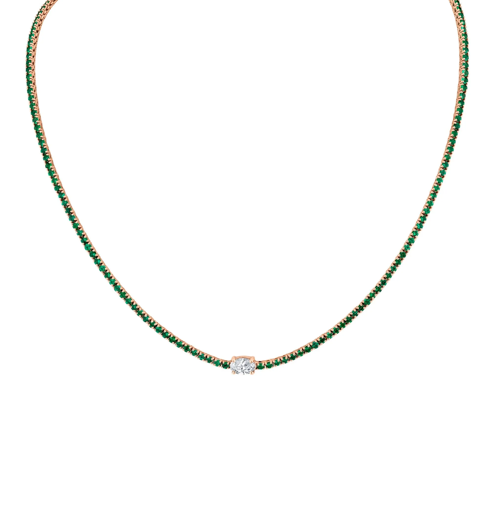 5.49 Carat 18k White Gold Green Emerald Oval Center Stone Necklace