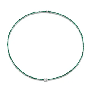 5.49 Carat 18k White Gold Green Emerald Oval Center Stone Necklace