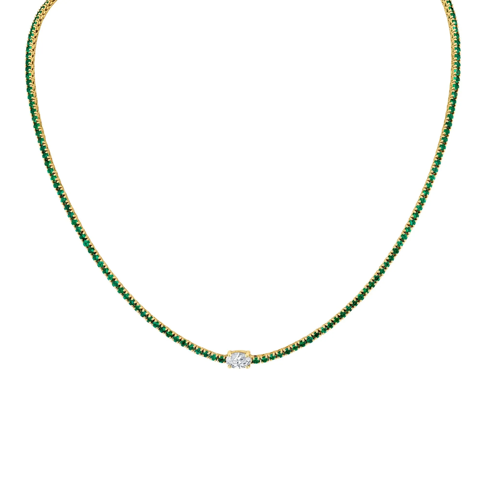 5.49 Carat 18k White Gold Green Emerald Oval Center Stone Necklace