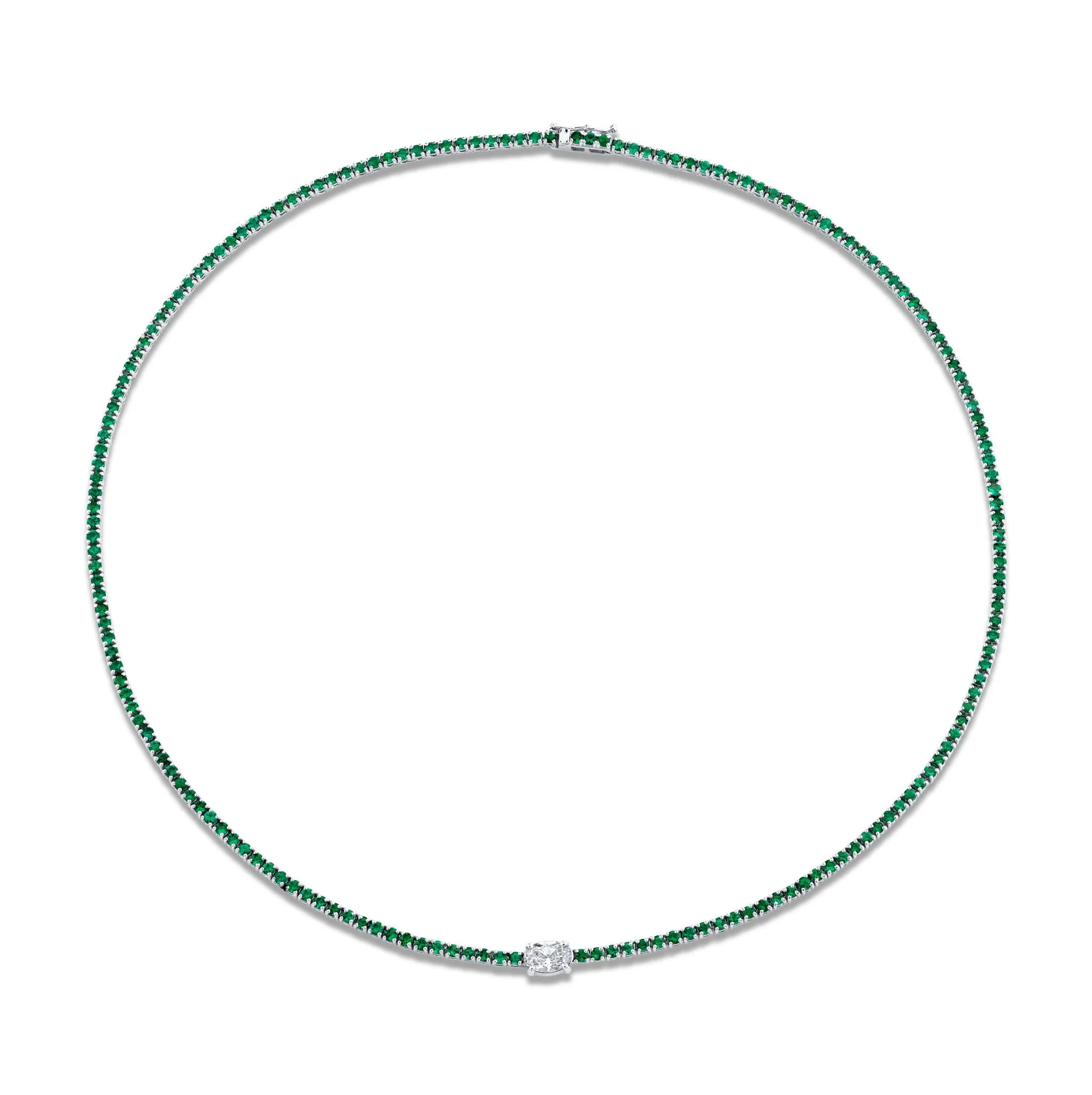 5.49 Carat 18k White Gold Green Emerald Oval Center Stone Necklace