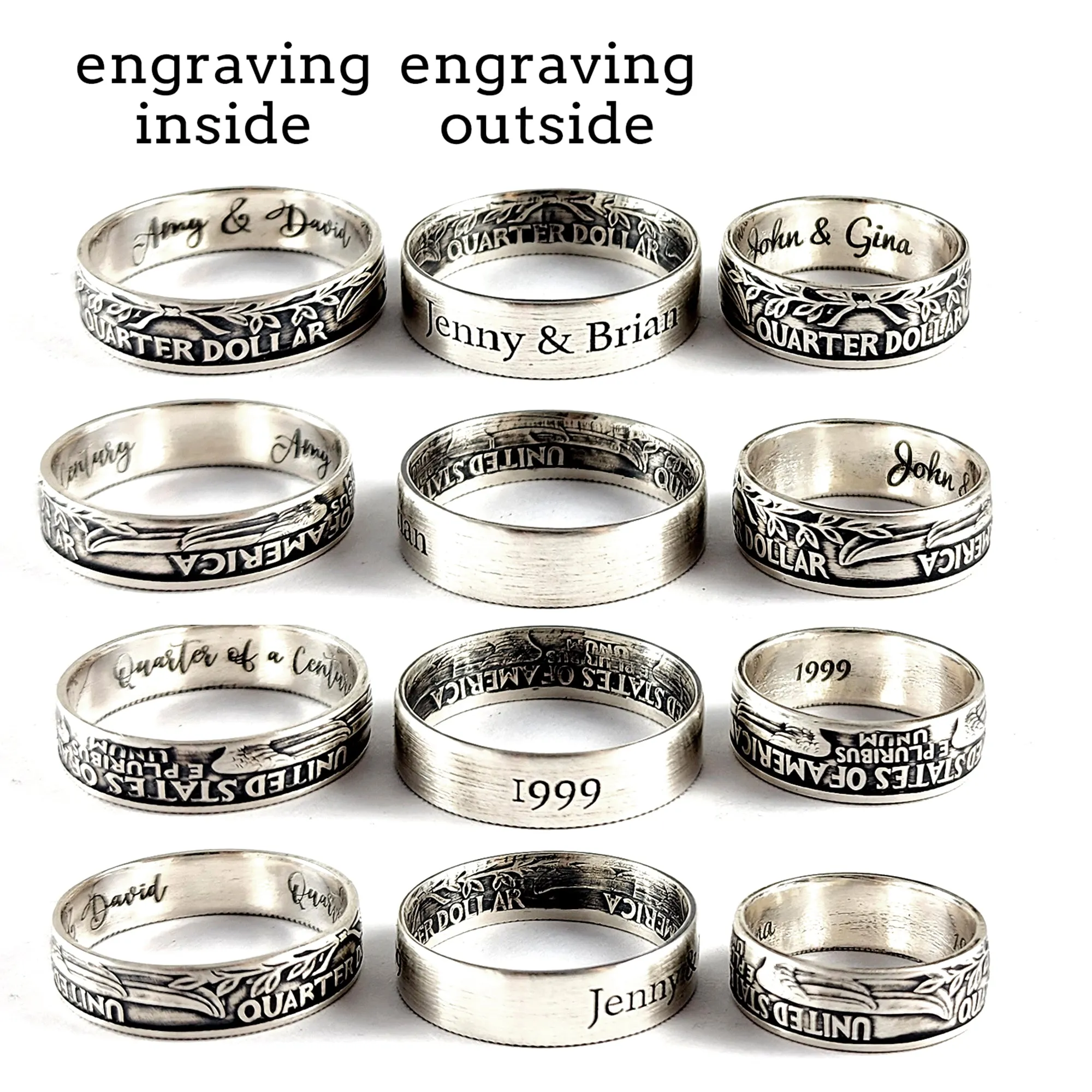 90% Silver Custom Engraved Quarter Ring - 25th Anniversary Gift