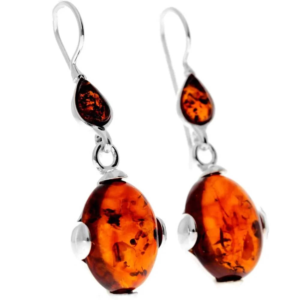 925 Sterling Silver & Genuine Baltic Amber Classic Drop Dangling Earrings - 8277