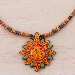 925 Sterling Silver and Ceramic Inca Sun Necklace from Peru - Incan Sun God | NOVICA