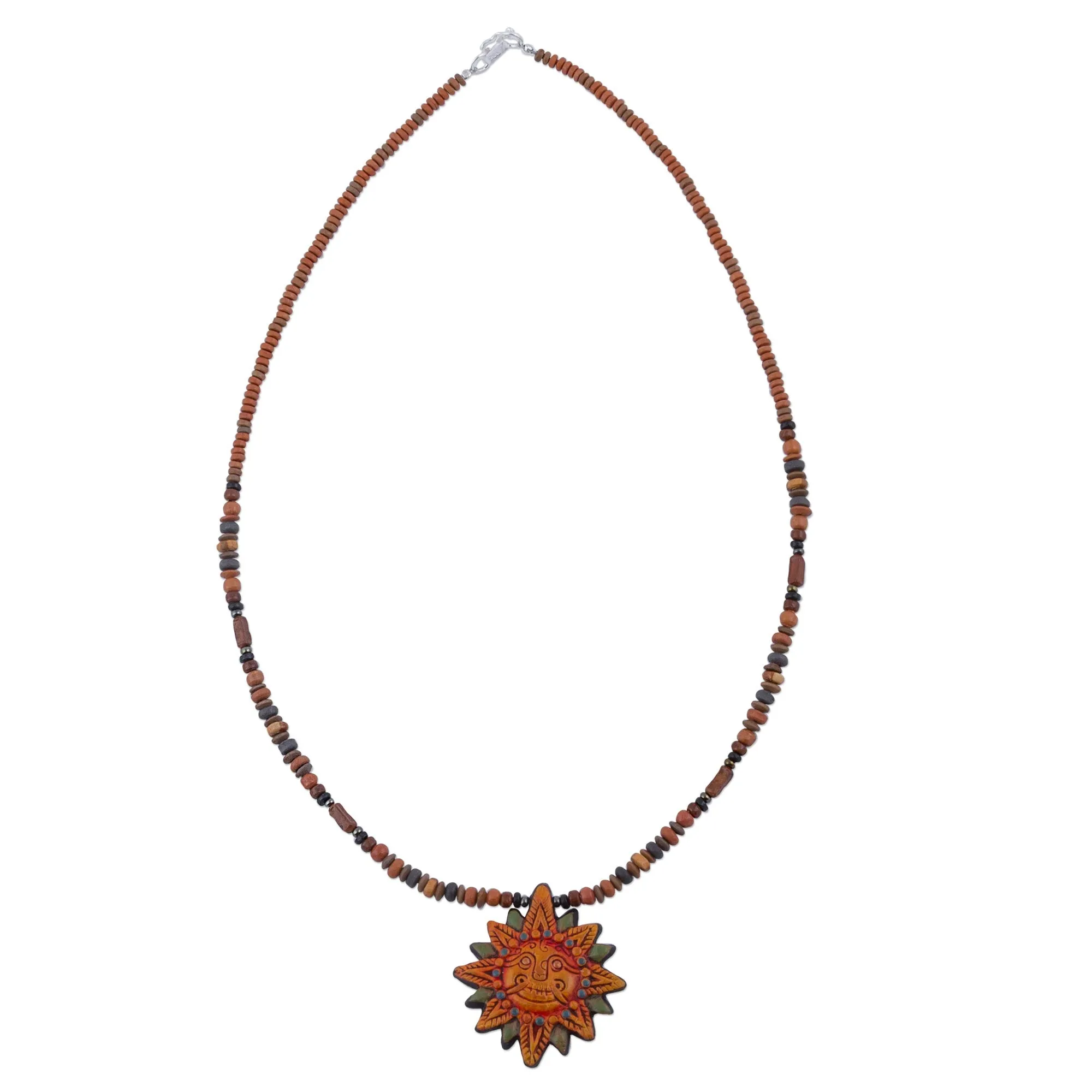 925 Sterling Silver and Ceramic Inca Sun Necklace from Peru - Incan Sun God | NOVICA