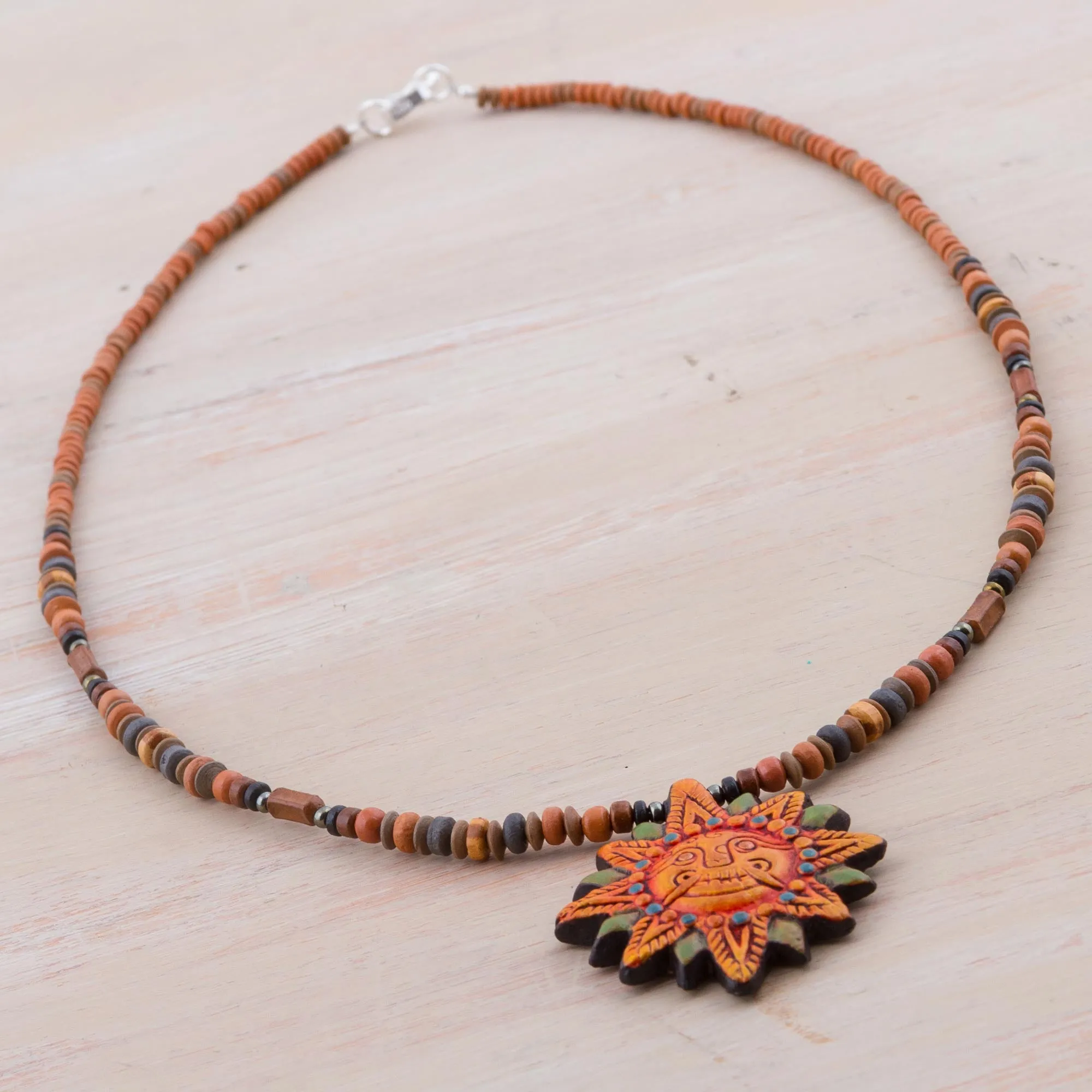 925 Sterling Silver and Ceramic Inca Sun Necklace from Peru - Incan Sun God | NOVICA