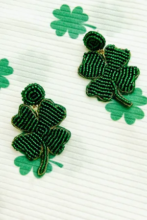 Always Lucky Beaded Four-Leaf Clover Earrings (Green)