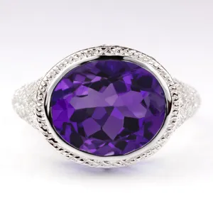 AMETHYST STERLING SILVER RING VINTAGE STYLE EAST WEST OVAL FILIGREE GEM PURPLE