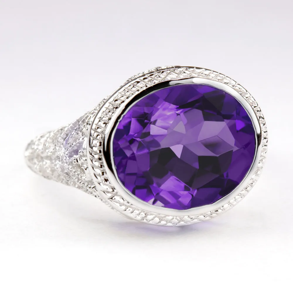 AMETHYST STERLING SILVER RING VINTAGE STYLE EAST WEST OVAL FILIGREE GEM PURPLE