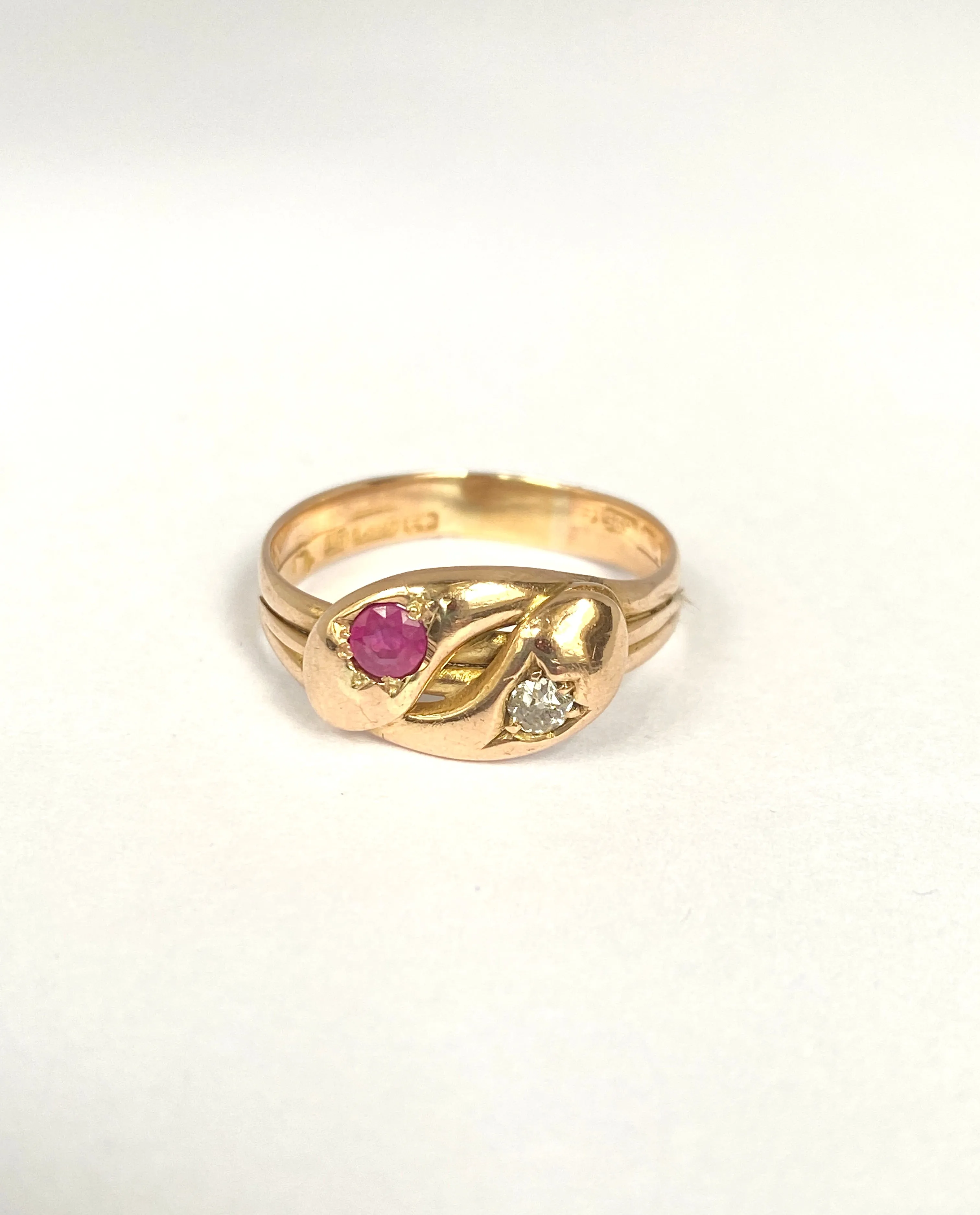 Antique, Victorian 15ct Gold, Double Diamond and Ruby Snake Ring, Hallmarked 15ct Gold