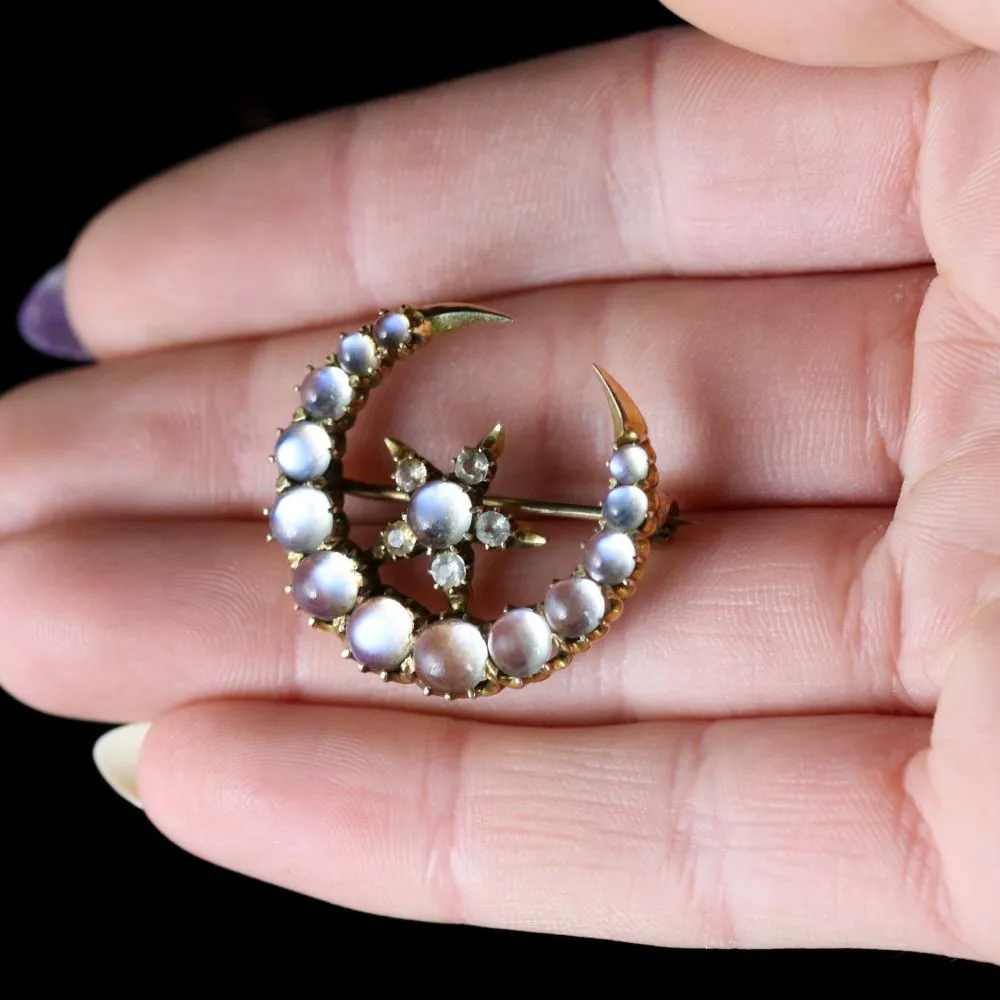 Antique Victorian Crescent Moonstone 18Ct Brooch Circa 1900