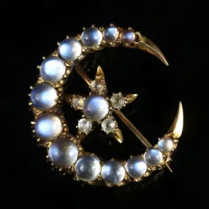 Antique Victorian Crescent Moonstone 18Ct Brooch Circa 1900