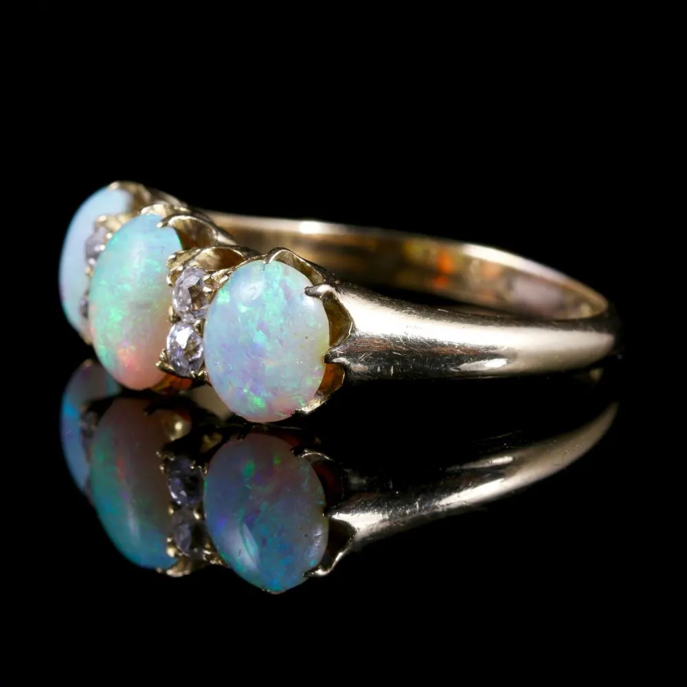 Antique Victorian Opal Diamond Ring 18Ct Gold Circa 1880