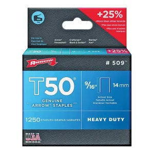 Arrow T50 Series 50924 Flat Crown Staple, 3/8 in W Crown, 9/16 in L Leg