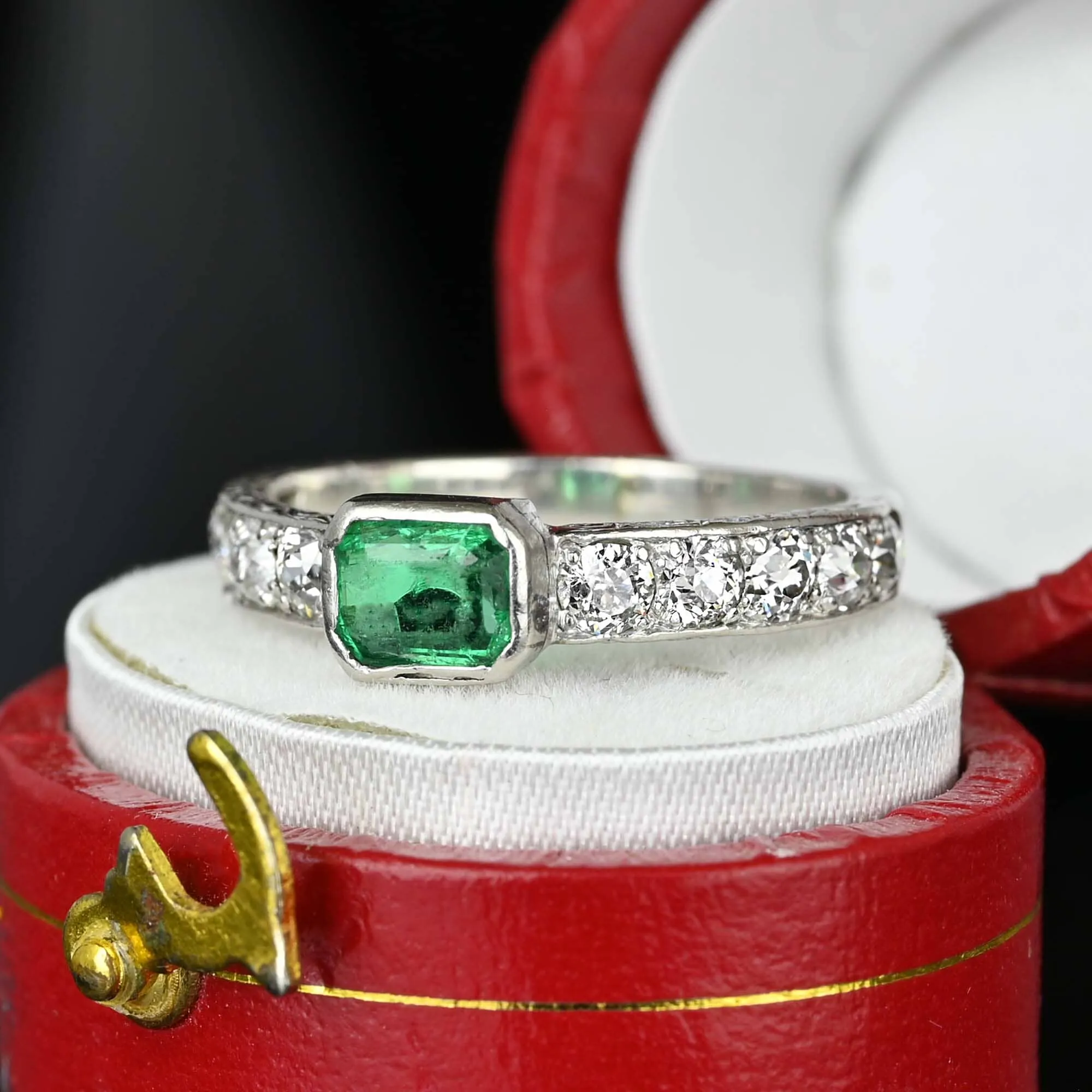 Art Deco Platinum Mine Cut Diamond Emerald Ring