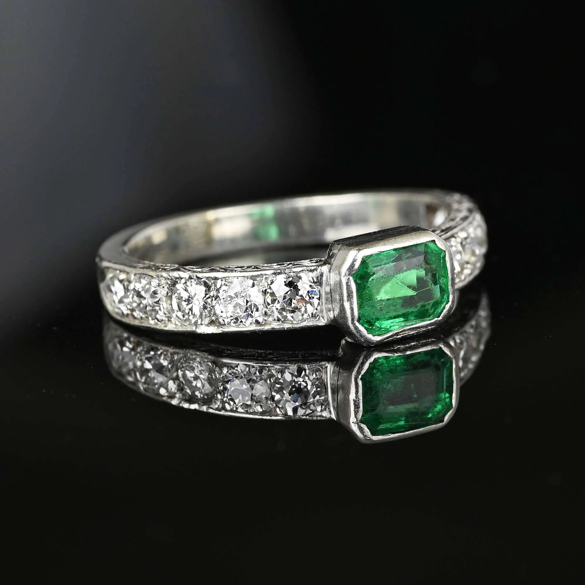 Art Deco Platinum Mine Cut Diamond Emerald Ring